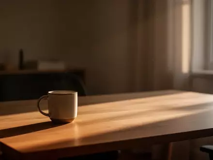 Ein minimalistischer Arbeitsplatz mit einem Holztisch und einer Kaffeetasse in warmem, natürlichem Licht. - Foto: über boerse-global.de