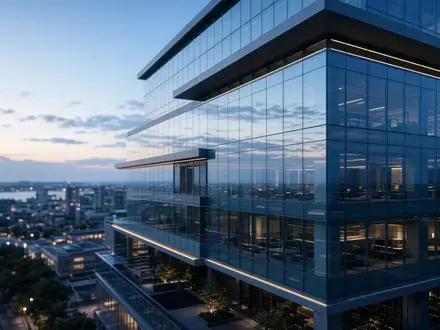 Moderne Glasfassade eines Bürogebäudes in der Abenddämmerung als Symbol für Finanzinfrastruktur. - Foto: über boerse-global.de
