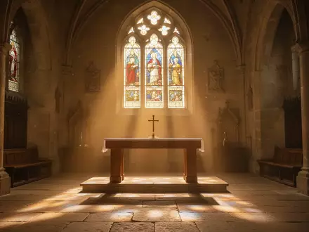 Innenansicht einer hellen, sonnendurchfluteten Kirche mit einem schlichten Altar und sanftem Lichteinfall. - Foto: über boerse-global.de