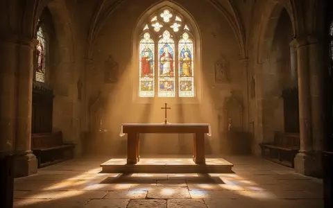 Innenansicht einer hellen, sonnendurchfluteten Kirche mit einem schlichten Altar und sanftem Lichteinfall. - Foto: über boerse-global.de