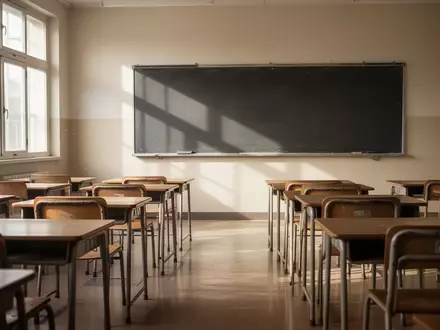 Ein leerer, sonnendurchfluteter Grundschulklassenraum mit ordentlich aufgereihten Holztischen und Stühlen. - Foto: über boerse-global.de