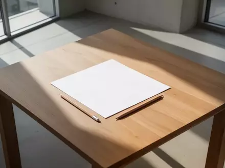 Ein Blatt Papier und ein Stift liegen auf einem Holztisch in einem hellen, architektonisch gestalteten Raum. - Foto: über boerse-global.de