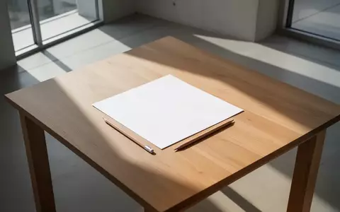 Ein Blatt Papier und ein Stift liegen auf einem Holztisch in einem hellen, architektonisch gestalteten Raum. - Foto: über boerse-global.de