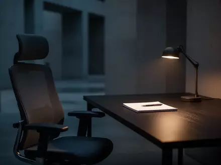 Ein leerer, minimalistischer Arbeitsplatz bei Dämmerung mit einem Notizbuch auf dem Schreibtisch. - Foto: über boerse-global.de