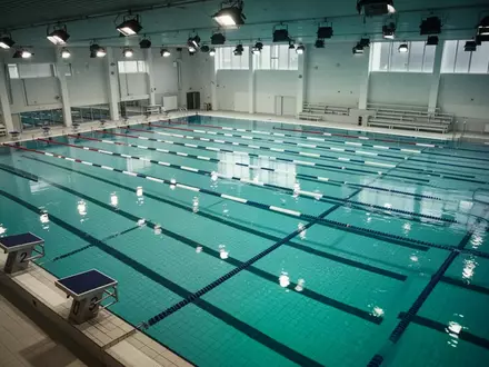 Ein modernes, leeres Hallenbad mit klaren Bahnen und reflektierendem Wasser. - Foto: über boerse-global.de