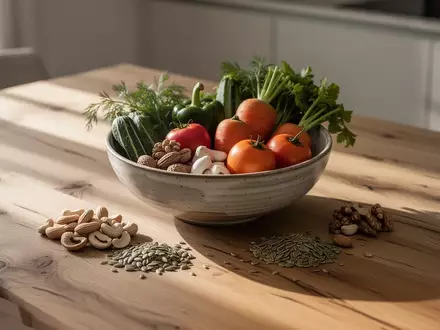 Eine schlichte Holztischplatte mit einer Keramikschale voller frischem Gemüse, Nüssen und Samen im natürlichen Licht. - Foto: über boerse-global.de