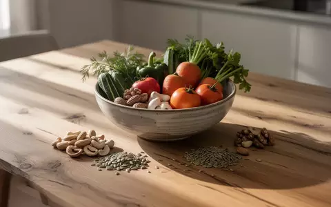 Eine schlichte Holztischplatte mit einer Keramikschale voller frischem Gemüse, Nüssen und Samen im natürlichen Licht. - Foto: über boerse-global.de