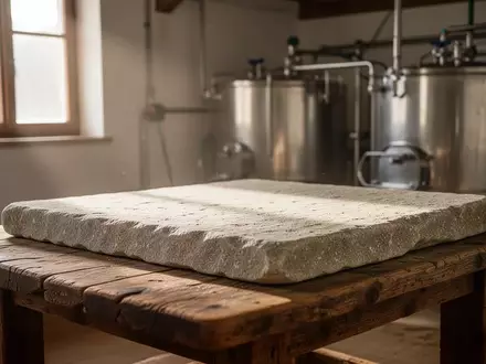 Ein leerer Holztisch in einer traditionellen Käserei mit milchwirtschaftlichen Anlagen im unscharfen Hintergrund. - Foto: über boerse-global.de