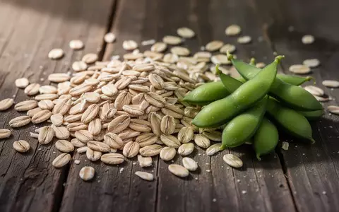 Nahaufnahme von rohen Haferkörnern und frischen Edamame-Schoten auf einer dunklen Holzoberfläche. - Foto: über boerse-global.de