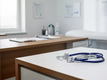Ein minimalistisch eingerichtetes Behandlungszimmer mit einem Stethoskop auf einem weißen Tisch. - Foto: über boerse-global.de