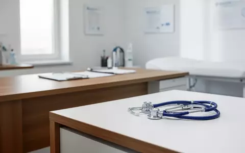 Ein minimalistisch eingerichtetes Behandlungszimmer mit einem Stethoskop auf einem weißen Tisch. - Foto: über boerse-global.de