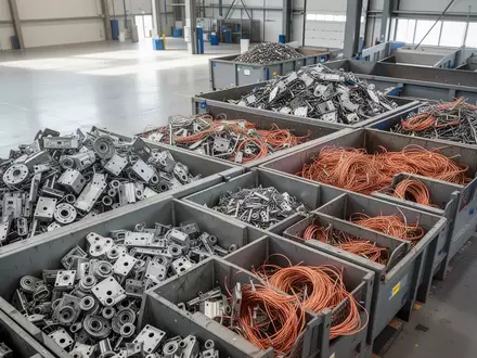 Sortierte Metallteile und Kupferdrähte in einem industriellen Recyclingbetrieb bei Tageslicht. - Foto: über boerse-global.de
