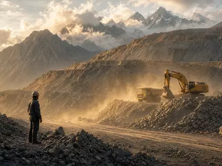 Ein Goldminenbetrieb in einer Berglandschaft mit schwerem Gerät und Gesteinshaufen bei natürlichem Sonnenlicht. - Foto: über boerse-global.de