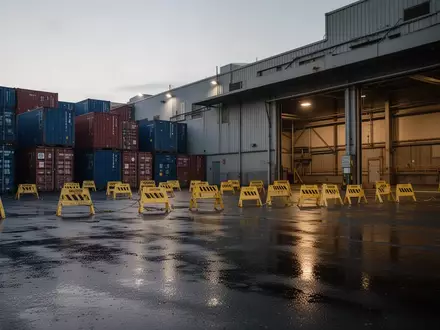 Industriegelände mit Lagercontainern und Sicherheitsabsperrungen bei Dämmerung. - Foto: über boerse-global.de