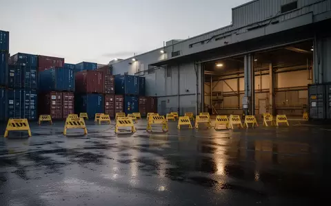 Industriegelände mit Lagercontainern und Sicherheitsabsperrungen bei Dämmerung. - Foto: über boerse-global.de
