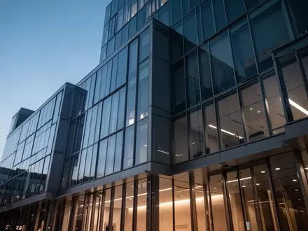 Moderne Glasfassade eines Bankgebäudes in Frankfurt bei Dämmerung mit Fokus auf Architektur und klaren Linien. - Foto: über boerse-global.de