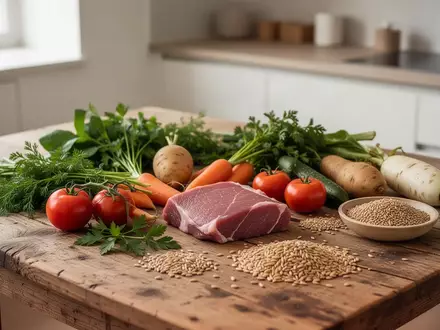 Ein minimalistisch gedeckter Holztisch mit frischem, unverarbeitetem Gemüse und Kräutern in natürlichem Licht. - Foto: über boerse-global.de