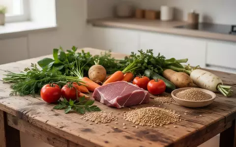 Ein minimalistisch gedeckter Holztisch mit frischem, unverarbeitetem Gemüse und Kräutern in natürlichem Licht. - Foto: über boerse-global.de