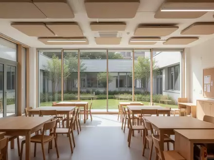 Ein heller, moderner Klassenraum mit minimalistischer Holzausstattung und akustisch optimierten Elementen in einer ruhigen Lernumgebung. - Foto: über boerse-global.de