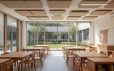 Ein heller, moderner Klassenraum mit minimalistischer Holzausstattung und akustisch optimierten Elementen in einer ruhigen Lernumgebung. - Foto: über boerse-global.de