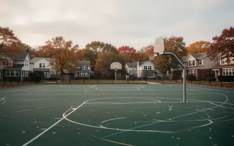 Ein leerer Sportplatz einer Grundschule in einem Wohngebiet mit einem Basketballkorb an einem bewölkten Tag. - Foto: über boerse-global.de