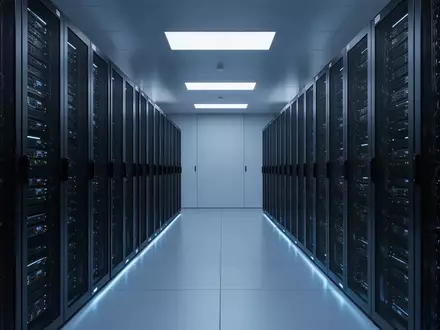 Modernes Rechenzentrum mit serverracks in einem minimalistischen, blau beleuchteten Raum. - Foto: über boerse-global.de