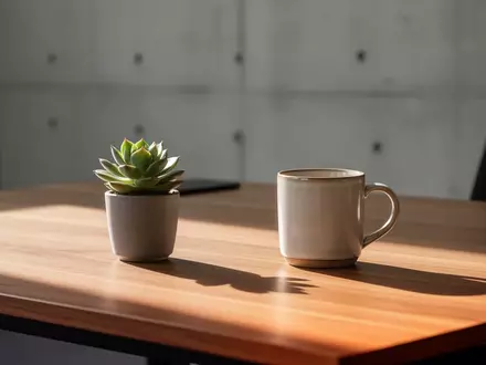 Ein minimalistischer Arbeitsplatz mit einer Pflanze und einer Kaffeetasse in natürlichem Licht vor einer Betonwand. - Foto: über boerse-global.de
