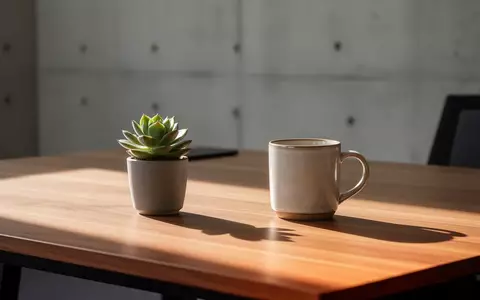 Ein minimalistischer Arbeitsplatz mit einer Pflanze und einer Kaffeetasse in natürlichem Licht vor einer Betonwand. - Foto: über boerse-global.de