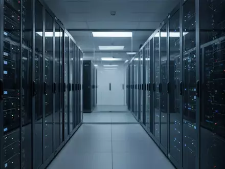 Moderne Serveranlage in einem klimatisierten Rechenzentrum mit blau leuchtenden Statusanzeigen. - Foto: über boerse-global.de