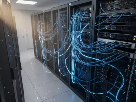 Moderne Serveranlage mit blau leuchtenden Datenkabeln in einem Rechenzentrum. - Foto: über boerse-global.de