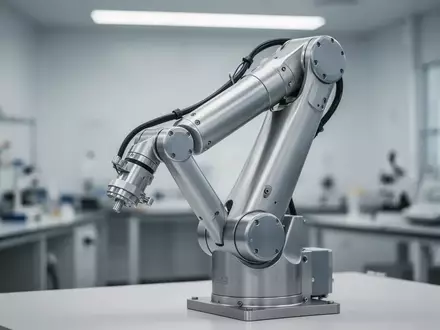 Ein präziser mechanischer Roboterarm in einer minimalistischen, hellen Laborumgebung. - Foto: über boerse-global.de