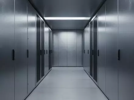 Ein minimalistischer, moderner Flur in einem Serverraum mit gebürsteten Metallwänden und kühler Beleuchtung. - Foto: über boerse-global.de