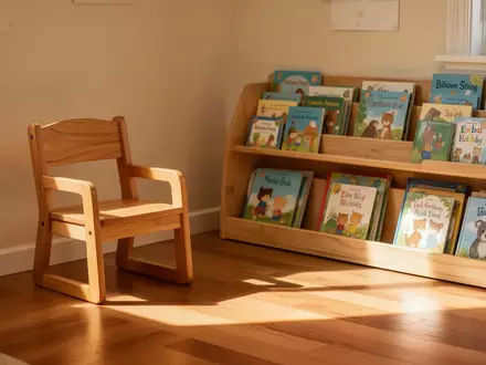 Ein heller, freundlicher Raum in einem Kindergarten mit einem kleinen Holzstuhl und Regalen voller Kinderbücher. - Foto: über boerse-global.de