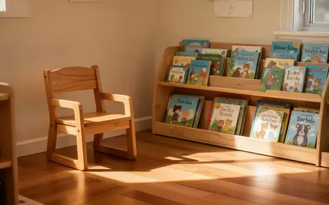 Ein heller, freundlicher Raum in einem Kindergarten mit einem kleinen Holzstuhl und Regalen voller Kinderbücher. - Foto: über boerse-global.de