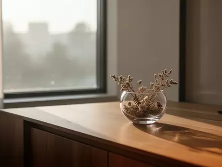 Minimalistisch eingerichteter Raum mit weichem Tageslicht und einer kleinen Schale mit getrockneten Pflanzen auf einem Holztisch. - Foto: über boerse-global.de
