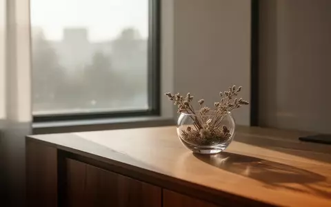 Minimalistisch eingerichteter Raum mit weichem Tageslicht und einer kleinen Schale mit getrockneten Pflanzen auf einem Holztisch. - Foto: über boerse-global.de