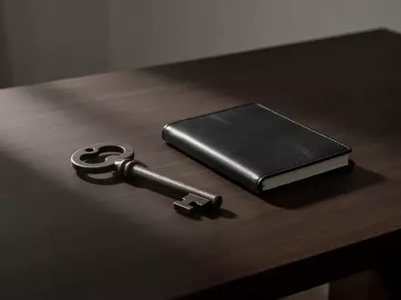 Ein einsamer antiker Eisenschlüssel liegt auf einem dunklen Holztisch neben einem leeren Notizbuch in gedimmtem Licht. - Foto: über boerse-global.de