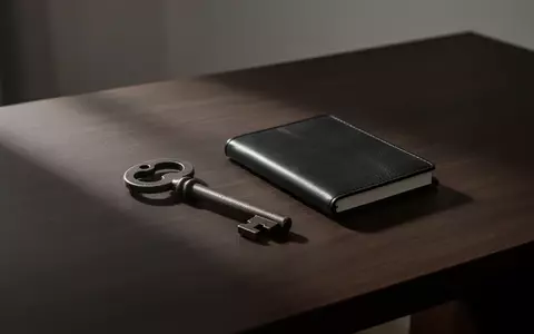 Ein einsamer antiker EisenschlĂĽssel liegt auf einem dunklen Holztisch neben einem leeren Notizbuch in gedimmtem Licht. - Foto: ĂĽber boerse-global.de