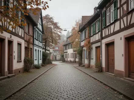 Eine menschenleere, ruhige Wohnstraße in einer kleinen deutschen Stadt mit traditioneller Architektur und Kopfsteinpflaster. - Foto: über boerse-global.de