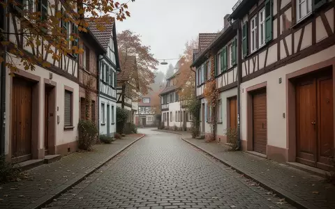 Eine menschenleere, ruhige Wohnstraße in einer kleinen deutschen Stadt mit traditioneller Architektur und Kopfsteinpflaster. - Foto: über boerse-global.de