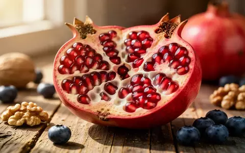 Eine aufgeschnittene Granatapfelfrucht mit Walnüssen und Beeren auf einer Holzunterlage als Symbol für natürliche Inhaltsstoffe. - Foto: über boerse-global.de