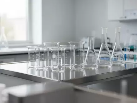 Ein minimalistisch gestalteter, klinischer Laborarbeitsplatz mit Glasgefäßen in hellem, natürlichem Tageslicht. - Foto: über boerse-global.de