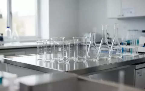 Ein minimalistisch gestalteter, klinischer Laborarbeitsplatz mit Glasgefäßen in hellem, natürlichem Tageslicht. - Foto: über boerse-global.de