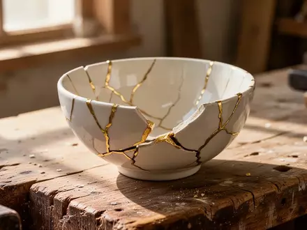 Eine mit Goldkitt reparierte Keramikschale auf einer hölzernen Werkbank, die die Kintsugi-Technik veranschaulicht. - Foto: über boerse-global.de