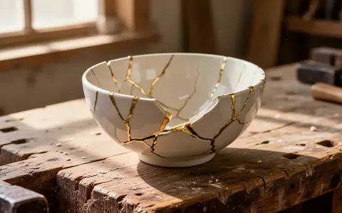 Eine mit Goldkitt reparierte Keramikschale auf einer hölzernen Werkbank, die die Kintsugi-Technik veranschaulicht. - Foto: über boerse-global.de