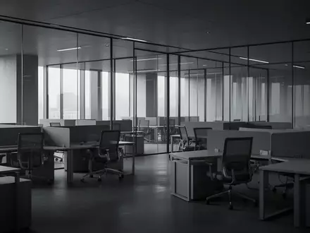 Leere, modern eingerichtete Büroräume mit modularen Arbeitsplätzen in einer schlichten, architektonischen Umgebung. - Foto: über boerse-global.de