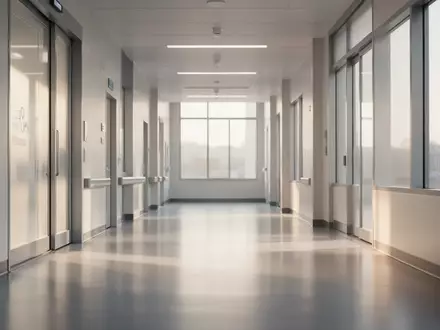 Ein heller, leerer Krankenhausflur mit modernem Design und natürlichem Lichteinfall, der eine klinische Forschungsumgebung darstellt. - Foto: über boerse-global.de