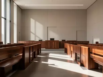 Ein leerer, modern gestalteter Gerichtssaal mit polierten Holzbänken und einfallendem Tageslicht. - Foto: über boerse-global.de