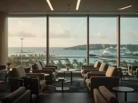 Ein moderner, menschenleerer Flughafen-Loungebereich mit Blick auf eine Küstenlandschaft und ein Kreuzfahrtschiff. - Foto: über boerse-global.de