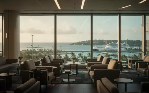 Ein moderner, menschenleerer Flughafen-Loungebereich mit Blick auf eine Küstenlandschaft und ein Kreuzfahrtschiff. - Foto: über boerse-global.de
